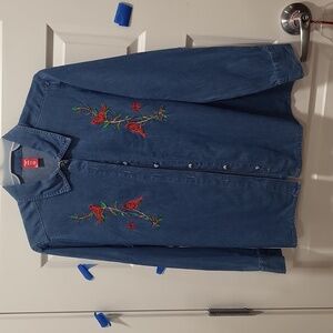 BLUE JEAN LONG SLEEVE BUTTON UP WOMENS EMBROIDERED RED CARDINALS XXL/2X/20